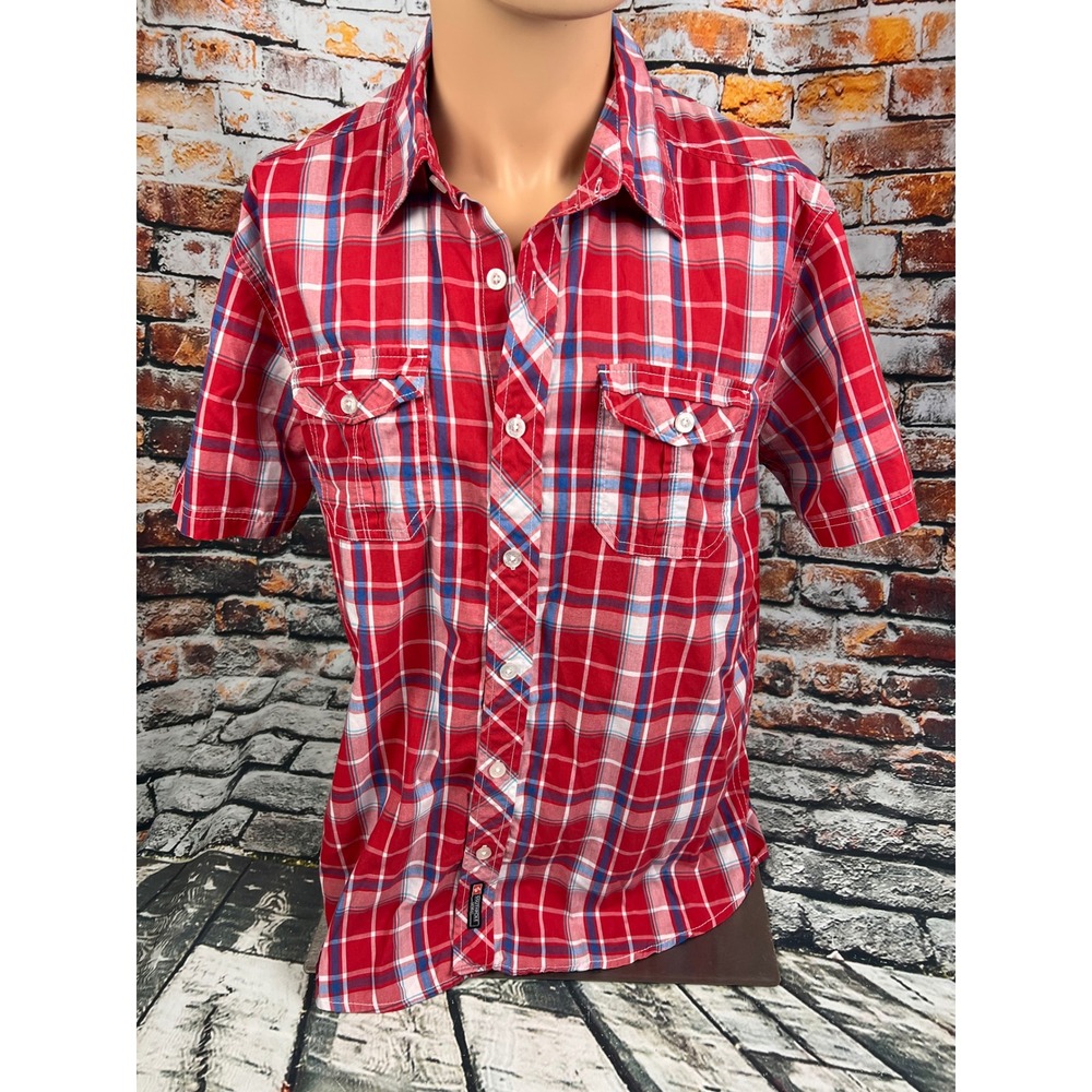 Southpole Mens Red Blue Plaid Short Sleeve Button Down Shirt Large Streetwear